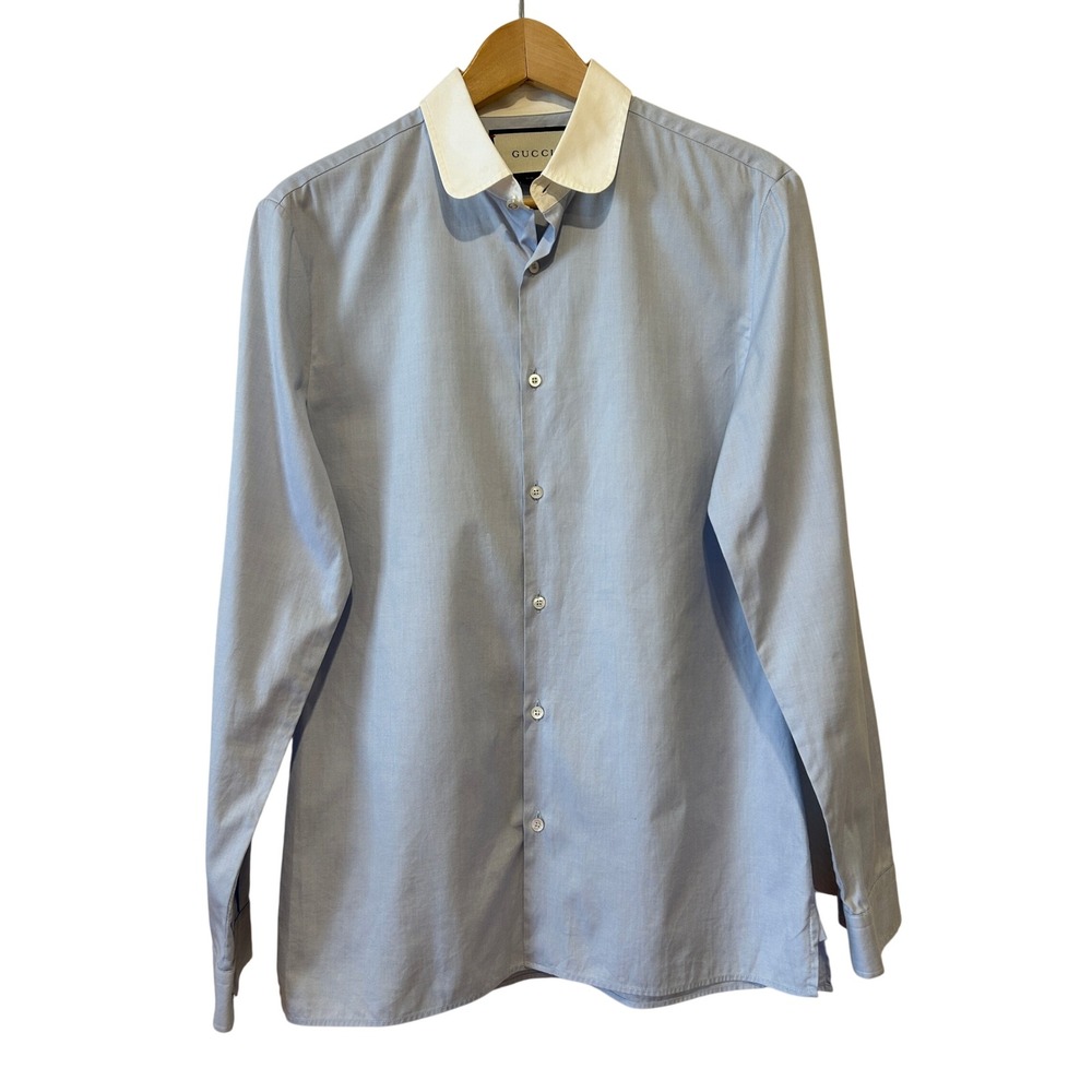 Gucci Mens Button Down Shirt Sz 15.5? Blue White Contrast Collar Slim Fit Italy